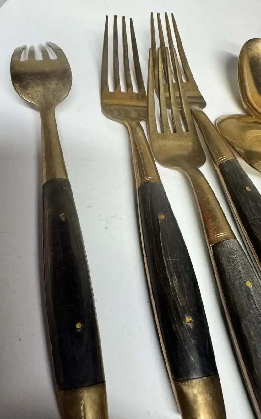 Vintage Mid-Century Brass and Black Buffalo Horn Handle Flatware Set